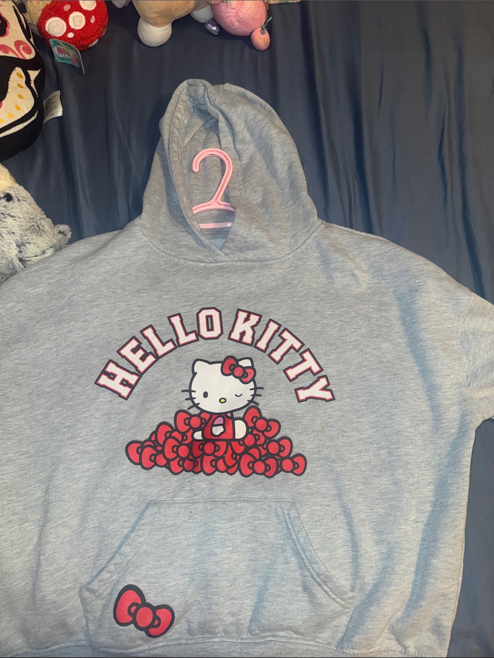 Hello Kitty Gray Pullover Hoodie with Pink and Red Bow Graphics